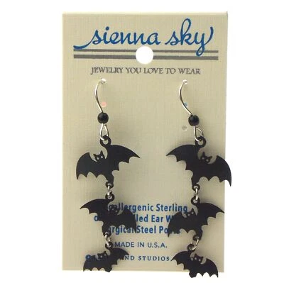 Sienna Sky Black Bat Earrings 3D Hypoallergenic Sterling Silver Dangle Day Dead - Image 1 of 3