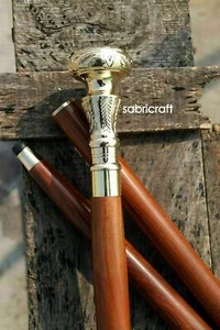Antique Style Brass Designer Head Handle Brown Wooden Shaft Walking Stick Cane - Picture 1 of 4