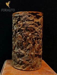 Pennello cinese intagliato pennello astuccio statua antico legno intagliato Buddha Arhat decorazione - Foto 1 di 7