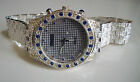 Men's silver finish blue & clear bling fashion dress up or casual watch
