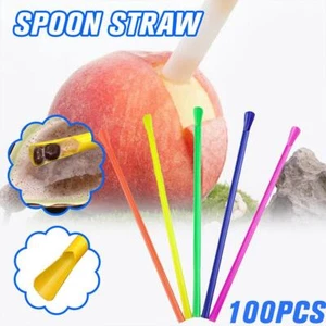 100X Kunststoff Strohhalme Trinkhalm Löffel Bar Kneipe Matsch Strohhalm für Geburtstag√.;, - Bild 1 von 15