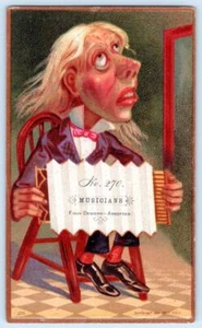 1881 MÚSICOS ACORDEADOR HUMOR MUESTRA STOCK TARJETA COMERCIAL VICTORIANA*F TODD - Imagen 1 de 2