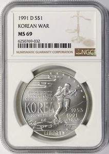 1991-D Korean War $1 Commemorative Silver Dollar NGC MS69 - Picture 1 of 4