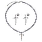 Gray Ribbon Necklace and Earrings Set Women s Fashion Neck and Ear Jewelry Charm