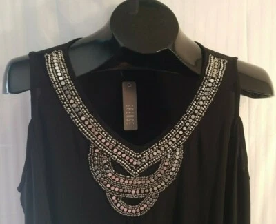 SPENSE Cold Shoulder Cruise Travel Black Dress Bead Embellish Stretch SZ 14 NWT - Image 1 of 4