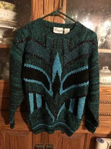 Vintage Stunning Chenille/Acrylic Sweater Blue/Green Turquoise 90’s Small S - Picture 1 of 6