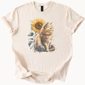Sunflower and Orange Tabby Cat Graphic Shirt Nature Animal Tee - Picture 1 of 4