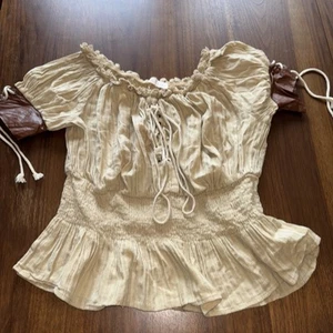 Belle Poque Beige Peasant Top Medium Off Shoulder Smocked Renaissance Boho Y2K - Picture 1 of 7