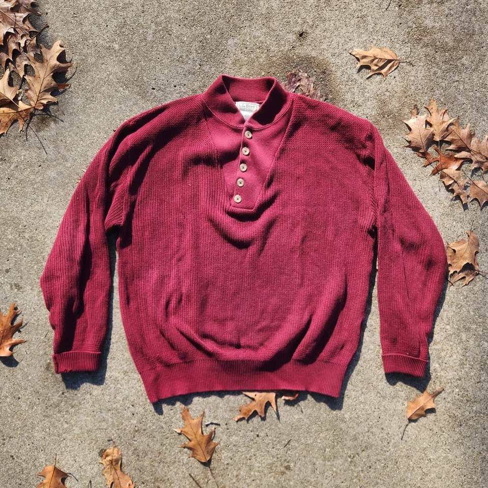 Винтажный мужской свитер LL Bean Henley Lrg тяжелый Fisherman хлопок сделано в США - Изображение 1 из 4