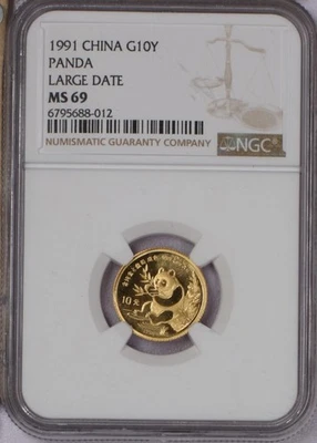 1991 Gold Panda 1/10 oz. 10 Yuan Large Date NGC MS69. Free shipping. - Image 1 of 2