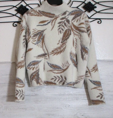Suéter Pullover Suave Tahari Marfil Floral Manga Larga Cuello Simulado Talla S Foto 1 de 4