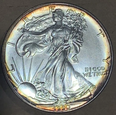 1990 American Eagle Coin 1 oz .999 Fine Silver Brilliant Uncirculated, Toned. - Image 1 of 2