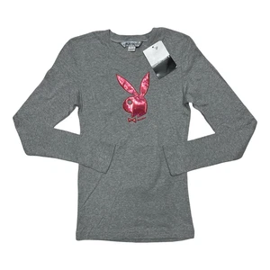 Playboy Babydoll Shirt M/L Gray Long Sleeve Pink Shiny Bunny Logo Y2K Deadstock - Picture 1 of 11
