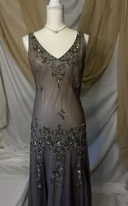 VTG Scala 2PC Silk Beaded Dress Drop Waist Fairy Grey Gown Large Fairy Formal - Picture 1 of 19