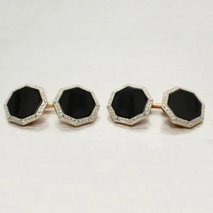 Antique Art Deco Onyx Cufflinks - Gold & Platinum Chain Link Style - 14k Gold - Picture 1 of 6