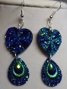 Orecchini piuma di pavone cuore a goccia Bling San Valentino fatti a mano Nora's USA - Foto 1 di 4