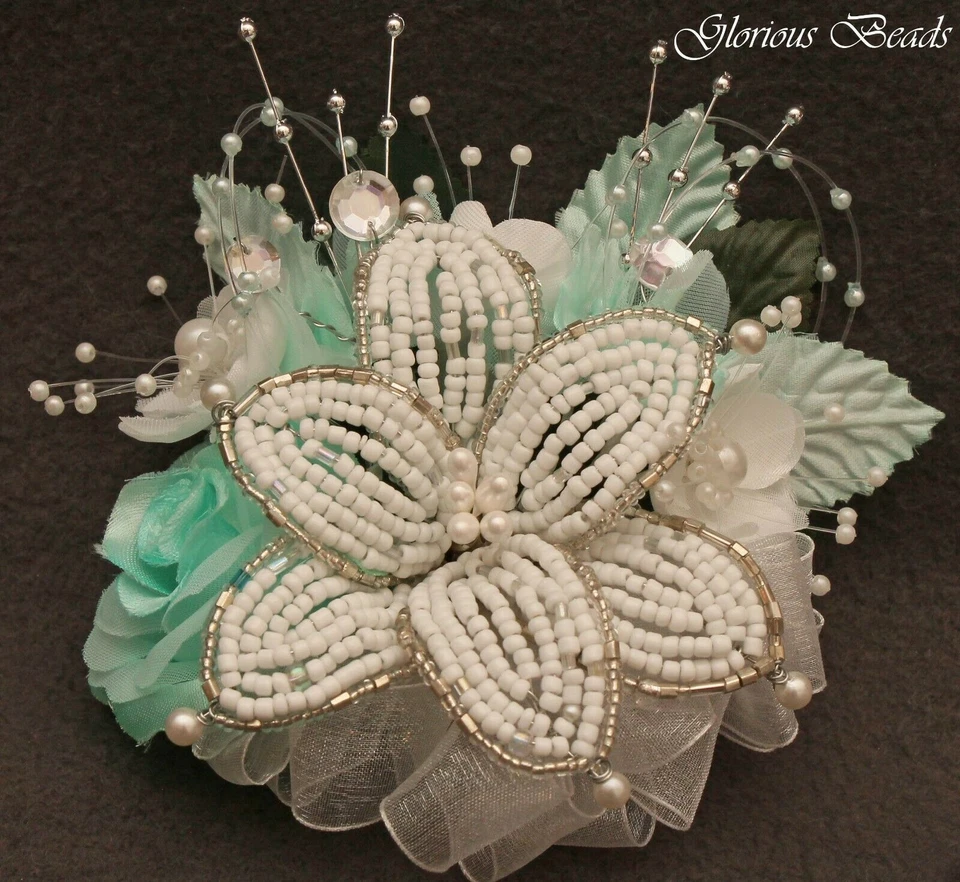 Corsage Aqua Blue Rhinestones Wedding Prom BEADED LILY or 2pc with Boutonniere - Image 1 of 1