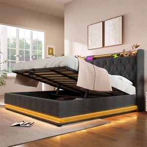 Twin/Full/Queen/King Size Upholstered Platform Bed with Hydraulic Storage System - Picture 1 of 72