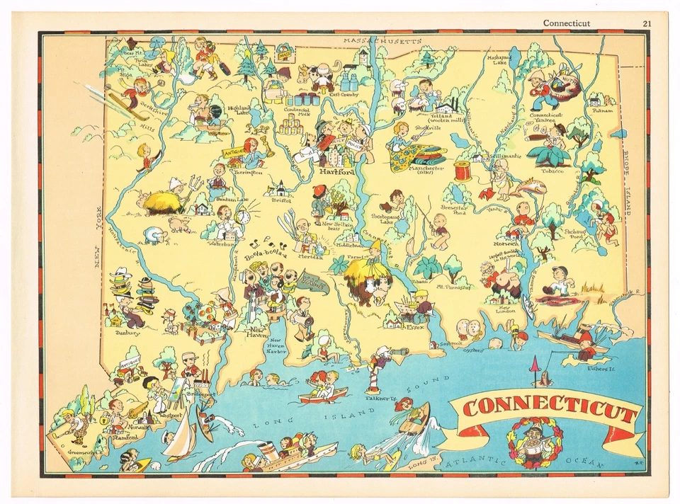MAPA ORIGINAL GEOGRAFÍA GAY RUTH TAYLOR CONNECTICUT PICTÓRICO 1935 EXCELENTE Foto 1 de 1