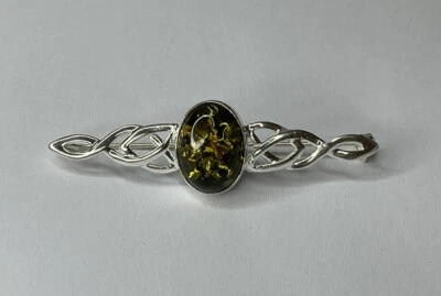 GREENISH Amber BROOCH.Baltic Amber Stone Brooch with Sterling Silver.Amber Pin. Foto 1 de 4