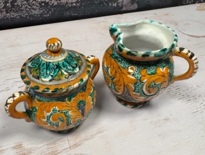 Juego de crema y azucarero vintage hecho a mano de cerámica color pastel de 4"" de alto Foto 1 de 4