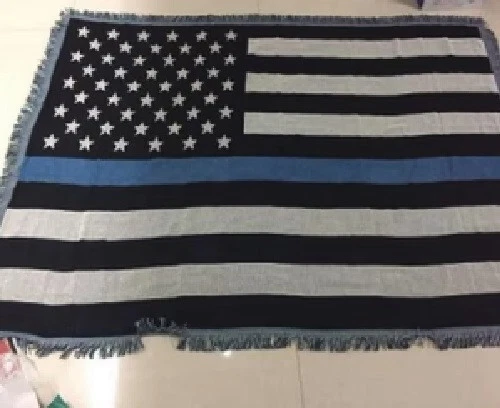 USA THIN BLUE LINE Afghan Throw State Flag 4ft x 6ft Cotton Woven Throw Blanket - Image 1 of 1