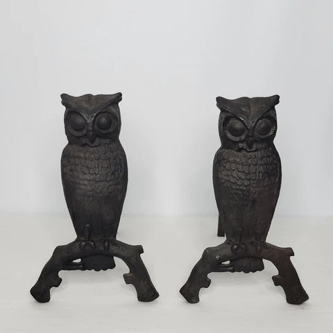 Vintage Cast Iron Owl Bird Fireplace Hearth Fire Log Bars Andirons 14" Tall Cover