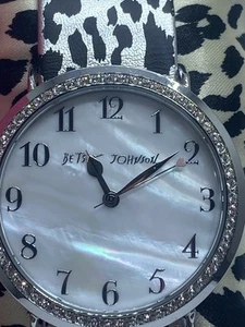 BETSEY JOHNSON 44mm White MOP Dial St. Steel Watch w/ 2 Interchangeable Straps - Picture 1 of 6