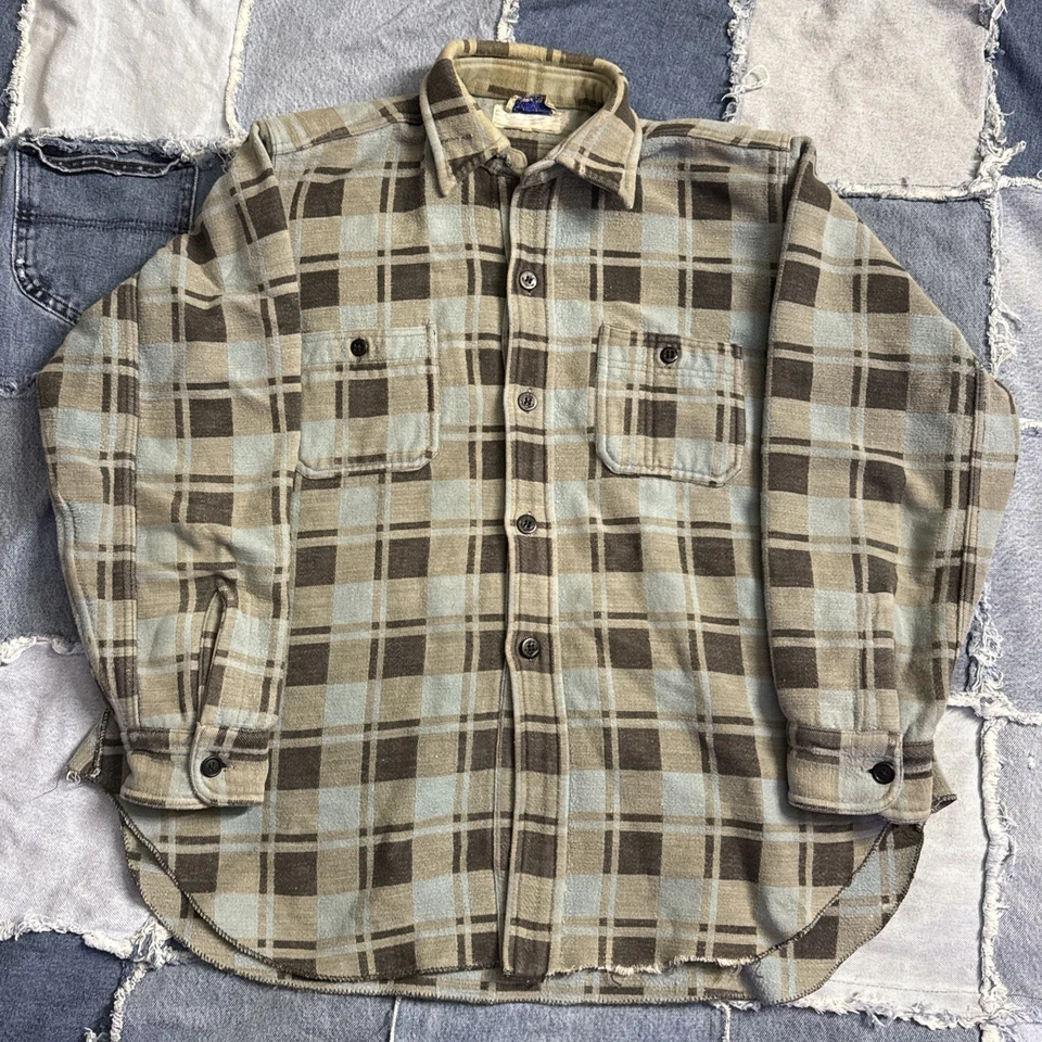 True Vintage Años 50/60 Champion 100% Algodón Franela Gruesa Hombre’s Grande Azul Gris Foto 1 de 4