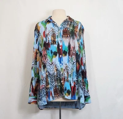 Blusa Tianello Loving Azul Tencel Rayon Estampa Colorida Misses Tamanho G Falha - Imagem 1 de 4