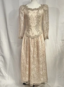 Vtg 80s Cachet Bari Protas Blush Pink Lace Overlay Formal Wedding Long Dress S/M - Picture 1 of 16