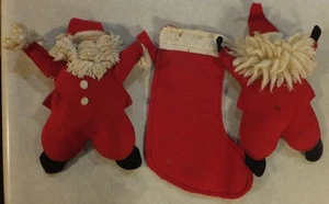 THREE VINTAGE CHRISTMAS DECORATIONS RED FELT STUFFED SANTAS AND STOCKING - Picture 1 of 11
