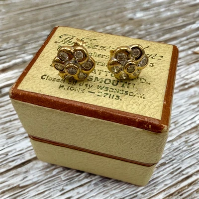 Vintage 9k Solid Yellow White Gold Diamond Flower Studded Earrings - Image 1 of 4