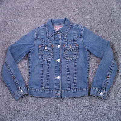 Chaqueta de mezclilla True Religion para mujer pequeña azul Jimmy bolsillos de herradura desgastados Foto 1 de 4
