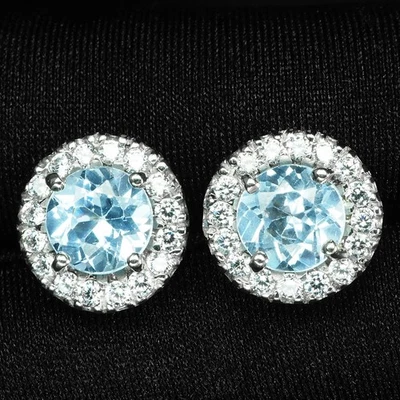 Velvety Baby Blue Aquamarine 3.80Ct 925 Sterling Silver White Gold Halo Earrings - Image 1 of 4