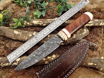11" Damascus steel skinning Knife, Rose wood round scale, cow Leather Sheath - Image 1 of 4