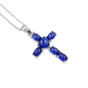 7 MM Natural Blue Sapphire Cab 925 Sterling Silver Holy Cross Pendant Necklace - Picture 1 of 6