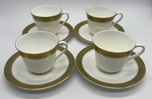 Set of 4 Royal Doulton Belvedere Tea Cups & Saucers Green Gold Band England - Picture 1 of 9