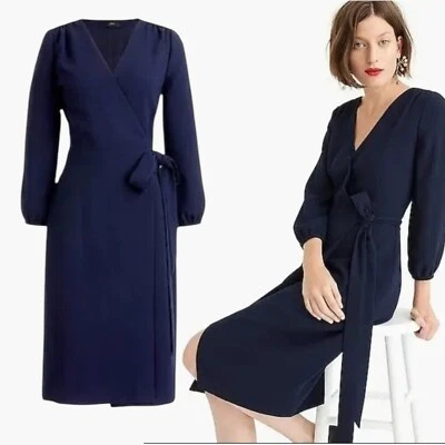 Nuevo $150 J CREW Vestido Envolvente 365 Crepe Hasta la Rodilla Minimalista Oficina Carrera Azul 6 Foto 1 de 4