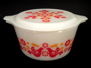 Friendship Pyrex 473 1 Quart Vintage Kasserolle rot orange & blickdicht Deckel 70er 20-C33 Vögel - Bild 1 von 11