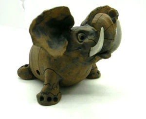 Elephant Art Pottery Whistle Figurine Signed DFS Brown Clay Vintage - Picture 1 of 7