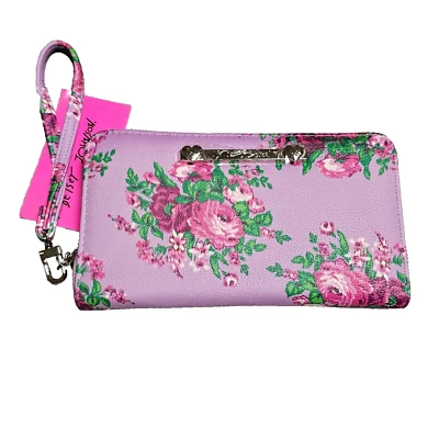 Luv Betsey Johnson Estampado Floral Muñequera Cartera Cartera Cremallera Alrededor Púrpura 8"x5 NUEVO Foto 1 de 4