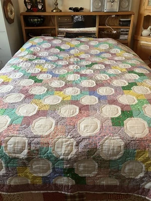 GRANDMOTHERS FLOWER GARDEN QUILT 82” X 92” QUEEN HAND STITCHED HUNG NEVER USED - Image 1 of 4