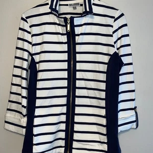 JM Collection Striped Nautical Women's Zip Up Sweatshirt Size Small Navy & White - Picture 1 of 3