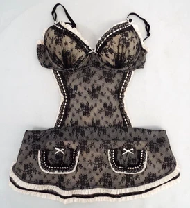 Victoria's Secret Black Lace Pink French Maid Lingerie 34C Open Side Back Apron - Picture 1 of 20