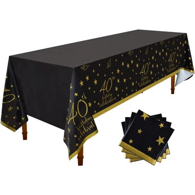 40th Birthday Disposable Tablecloth 4 Pack Gold and Black Waterproof Plastic ... - Image 1 of 4