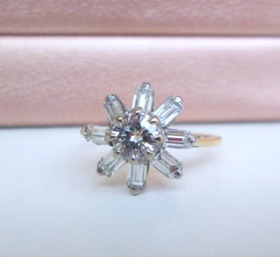 Vintage 14ct Yellow Gold 1.30ct Baguette & Brilliant Cut Diamond Cluster Ring - Image 1 of 4