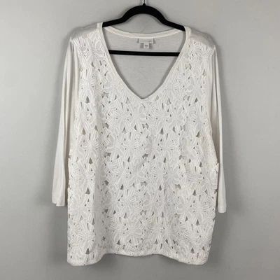 Top J. Jill Cuello en V Blanco Superpuesto Talla XL Blanco Mangas 3/4 Foto 1 de 4