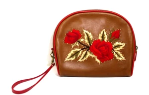 Isabella Fiore Brown Leather Red Rose Embroidered Zippered Clutch Wristlet - Picture 1 of 6