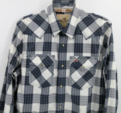 Camisa occidental HOLLISTER perla a presión manga larga para hombre grande azul y blanco a cuadros Foto 1 de 4